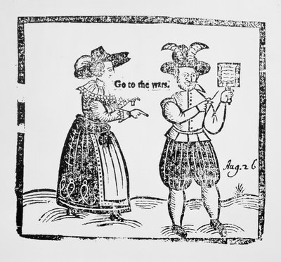 Go to the Wars, illustration from a pamphlet showing the resolution of London women sending their husbands to fight in the Thirty Years War, c.1619 by English School